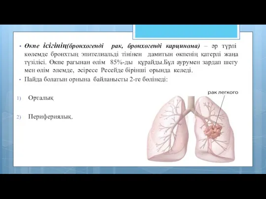 Өкпе ісігінің(бронхогенді рак, бронхогенді карцинома) – әр түрлі көлемде бронхтың эпителиальді тінінен дамитын