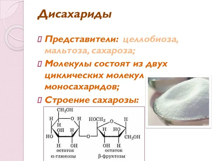 Дисахариды Представители: целлобиоза, мальтоза, сахароза; Молекулы состоят из двух циклических молекул моносахаридов; Строение сахарозы: