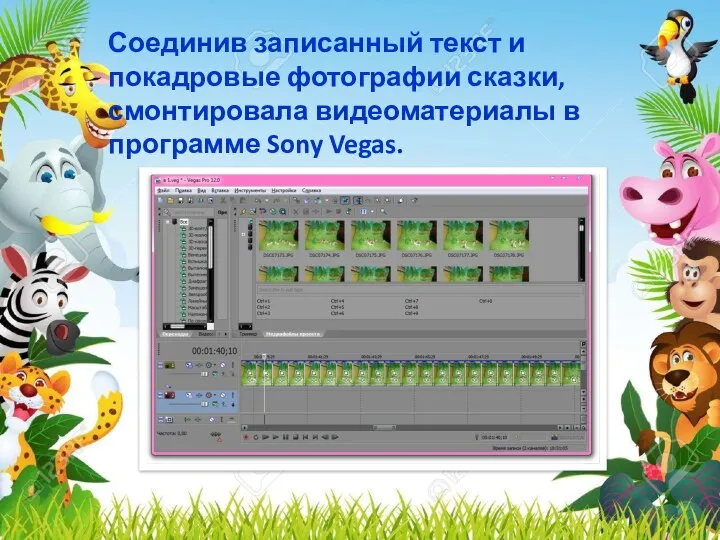 Соединив записанный текст и покадровые фотографии сказки, смонтировала видеоматериалы в программе Sony Vegas.