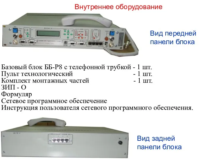 Вид передней панели блока Вид задней панели блока Внутреннее оборудование