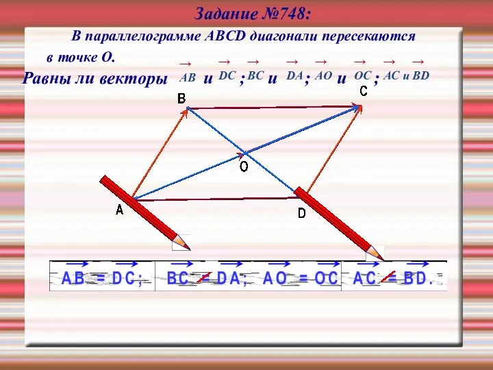 Задание №748: В параллелограмме АВCD диагонали пересекаются в точке О.