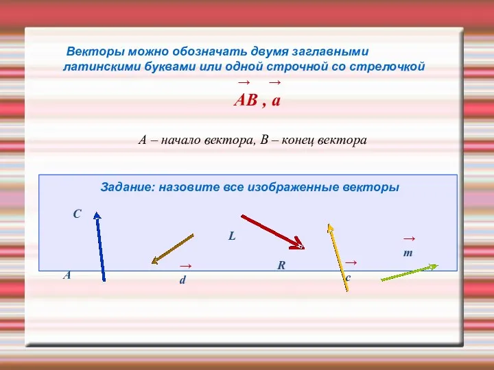 Векторы можно обозначать двумя заглавными латинскими буквами или одной строчной