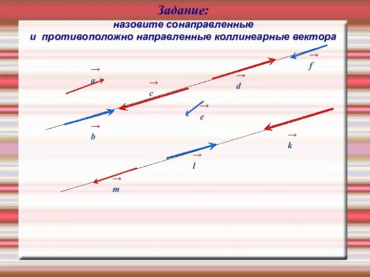 Задание: назовите сонаправленные и противоположно направленные коллинеарные вектора → a