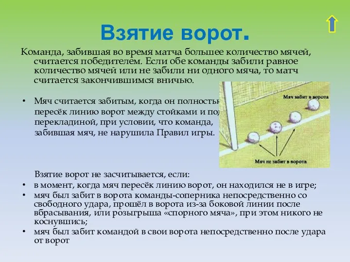 Взятие ворот. Команда, забившая во время матча большее количество мячей,