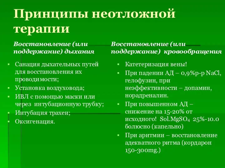 Принципы неотложной терапии Восстановление (или поддержание) дыхания Санация дыхательных путей