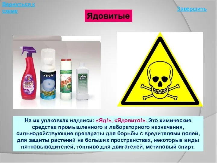 Ядовитые На их упаковках надписи: «Яд!», «Ядовито!». Это химические средства