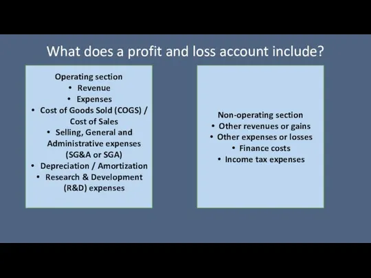 What does a profit and loss account include? Operating section Revenue Expenses Cost