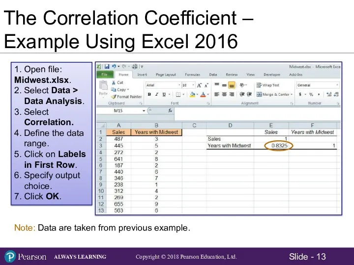 1. Open file: Midwest.xlsx. 2. Select Data > Data Analysis.