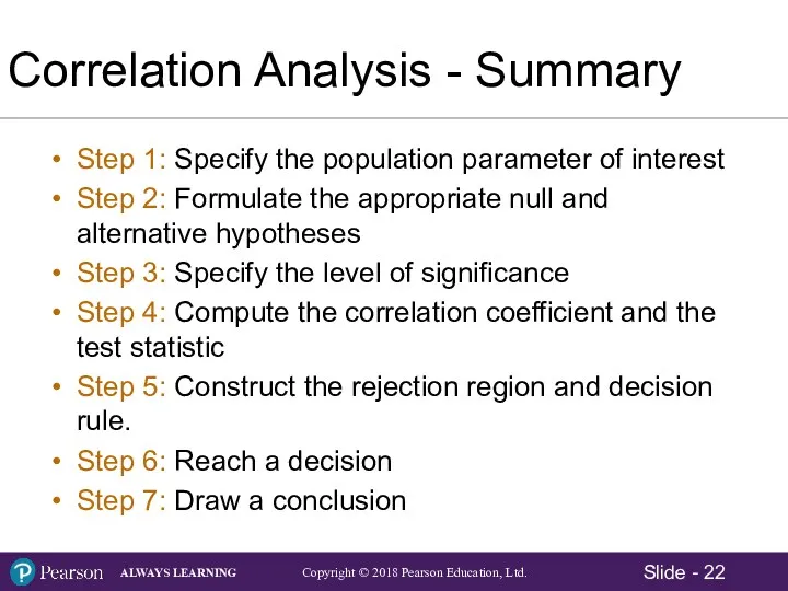 Correlation Analysis - Summary Step 1: Specify the population parameter