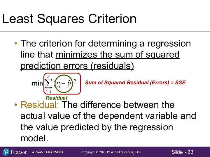 Least Squares Criterion The criterion for determining a regression line