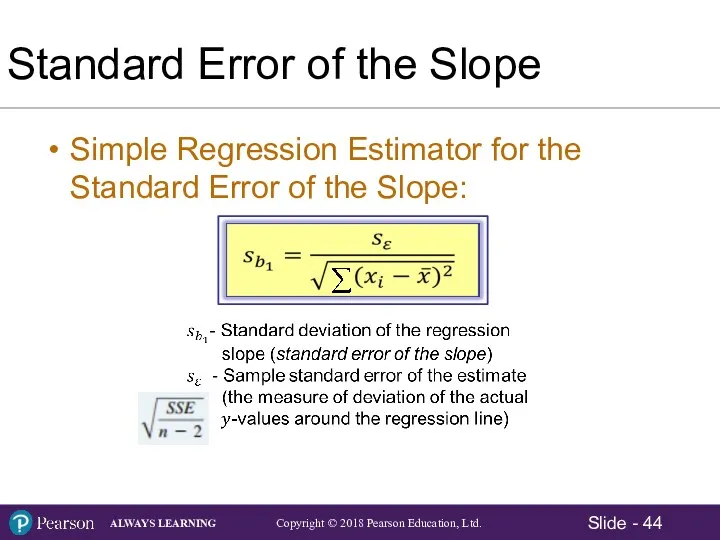 Standard Error of the Slope Simple Regression Estimator for the Standard Error of the Slope:
