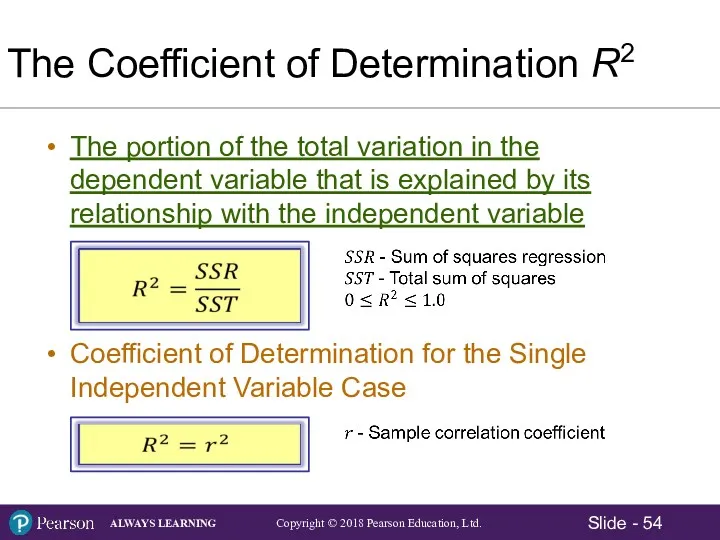 The Coefficient of Determination R2 The portion of the total