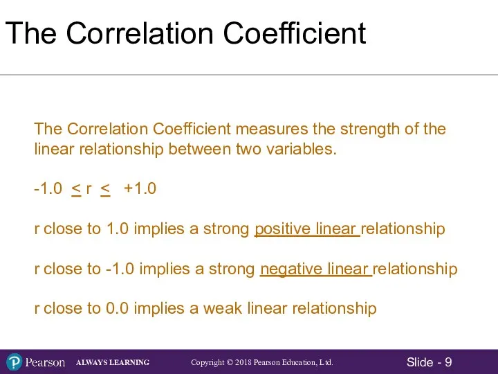 The Correlation Coefficient The Correlation Coefficient measures the strength of