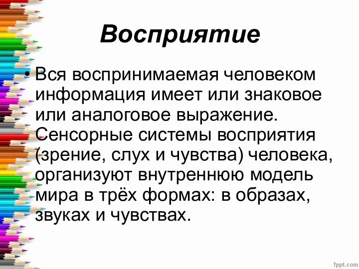 Восприятие Вся воспринимаемая человеком информация имеет или знаковое или аналоговое выражение. Сенсорные системы