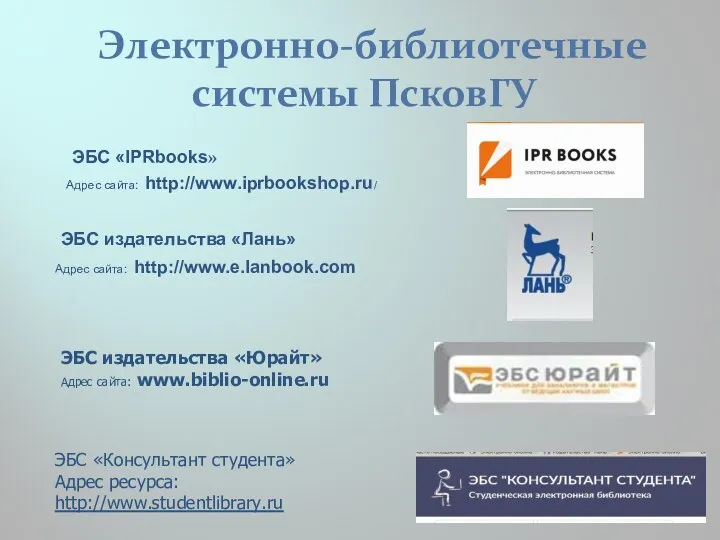 Электронно-библиотечные системы ПсковГУ ЭБС «IPRbooks» Адрес сайта: http://www.iprbookshop.ru/ ЭБС издательства «Лань» Адрес сайта: