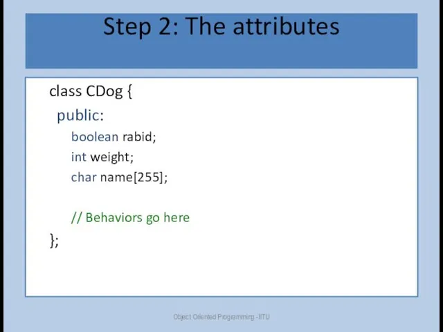 Step 2: The attributes class CDog { public: boolean rabid; int weight; char