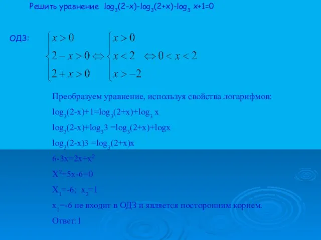 Решить уравнение log3(2-x)-log3(2+x)-log3 x+1=0 Преобразуем уравнение, используя свойства логарифмов: log3(2-x)+1=log3(2+x)+log3 x log3(2-x)+log33 =log3(2+x)+logx