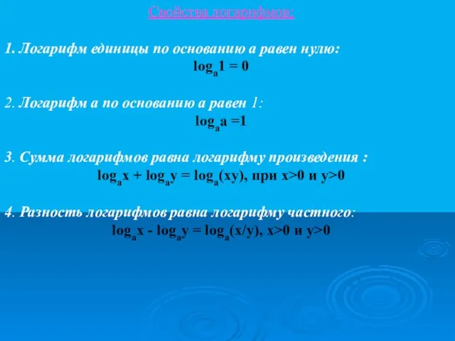 Свойства логарифмов: 1. Логарифм единицы по основанию а равен нулю: loga1 = 0