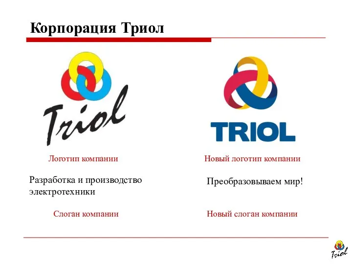 Корпорация Триол Логотип компании Разработка и производство электротехники Слоган компании Новый логотип компании