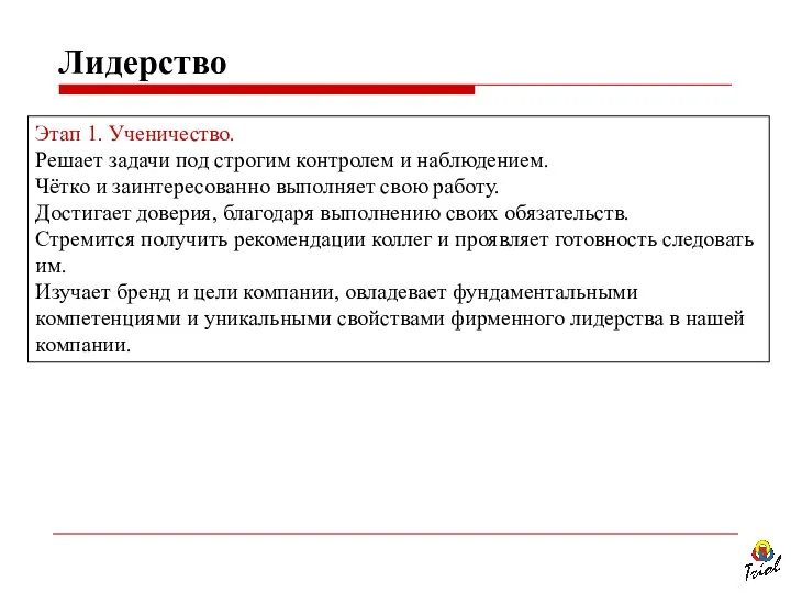 Этап 1. Ученичество. Решает задачи под строгим контролем и наблюдением. Чётко и заинтересованно