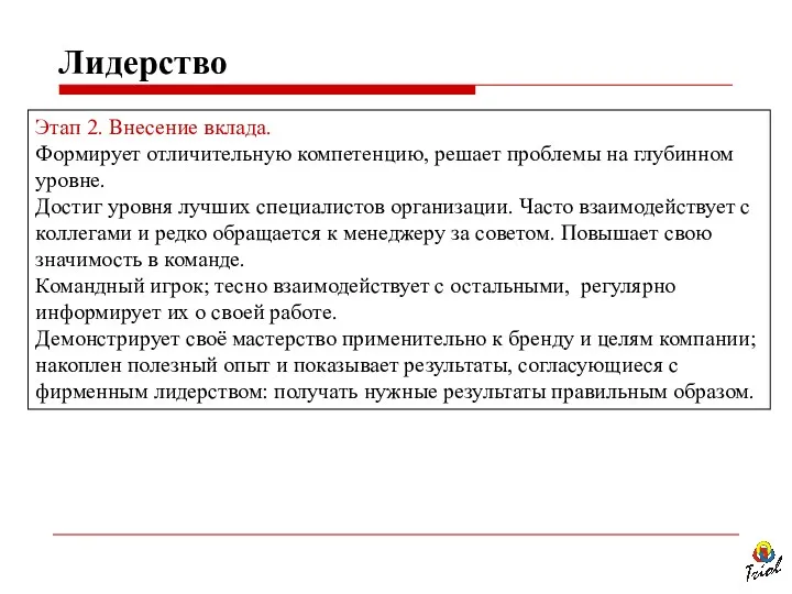 Этап 2. Внесение вклада. Формирует отличительную компетенцию, решает проблемы на глубинном уровне. Достиг