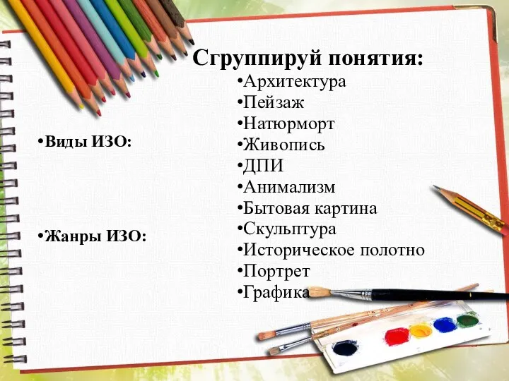 Сгруппируй понятия: Виды ИЗО: Жанры ИЗО: Архитектура Пейзаж Натюрморт Живопись