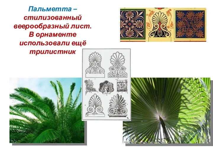 Пальметта – стилизованный веерообразный лист. В орнаменте использовали ещё трилистник