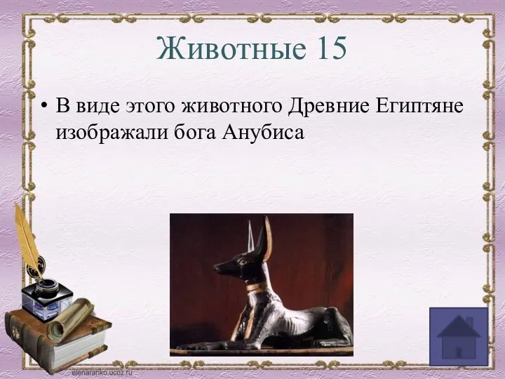 Животные 15 В виде этого животного Древние Египтяне изображали бога Анубиса