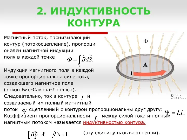 2. ИНДУКТИВНОСТЬ КОНТУРА Магнитный поток, пронизывающий контур (потокосцепление), пропорци- онален