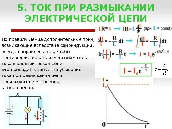 5. ТОК ПРИ РАЗМЫКАНИИ ЭЛЕКТРИЧЕСКОЙ ЦЕПИ По правилу Ленца дополнительные