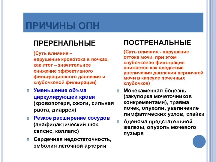 ПРИЧИНЫ ОПН ПРЕРЕНАЛЬНЫЕ (Суть влияния – нарушение кровотока в почках,