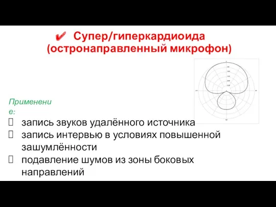 Супер/гиперкардиоида (остронаправленный микрофон) Применение: запись звуков удалённого источника запись интервью