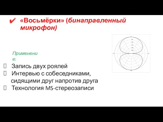 «Восьмёрки» (бинаправленный микрофон) Применение: Запись двух роялей Интервью с собеседниками, сидящими друг напротив друга Технология MS-стереозаписи