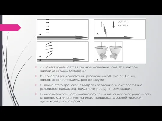 а - объект помещается в сильное магнитное поле. Все векторы