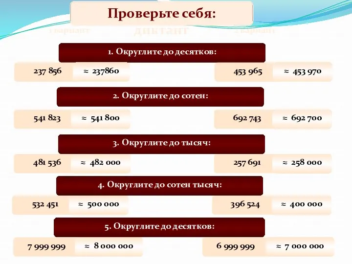 Математический диктант 1 вариант 2 вариант 1. Округлите до десятков: