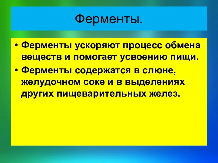 Ферменты. Ферменты ускоряют процесс обмена веществ и помогает усвоению пищи.