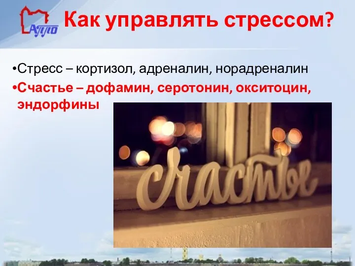 Как управлять стрессом? Стресс – кортизол, адреналин, норадреналин Счастье – дофамин, серотонин, окситоцин, эндорфины