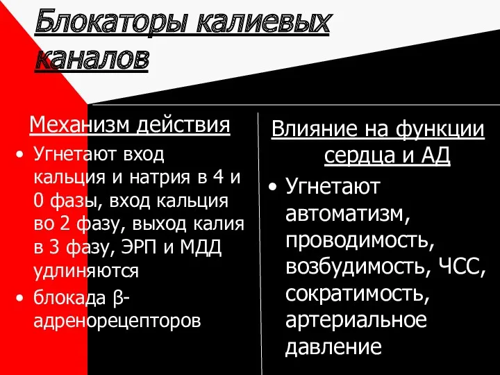 Блокаторы калиевых каналов Механизм действия Угнетают вход кальция и натрия