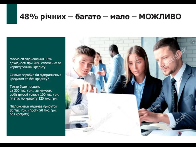 Маємо співвідношення 50% доходності при 20% сплачених за користуванням кредиту.