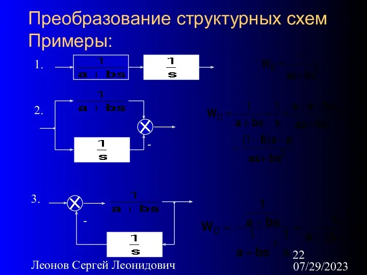 07/29/2023 Леонов Сергей Леонидович Преобразование структурных схем Примеры: 1. 2. - 3. -