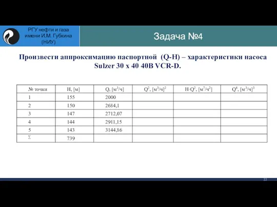 Произвести аппроксимацию паспортной (Q-H) – характеристики насоса Sulzer 30 x 40 40B VCR-D.