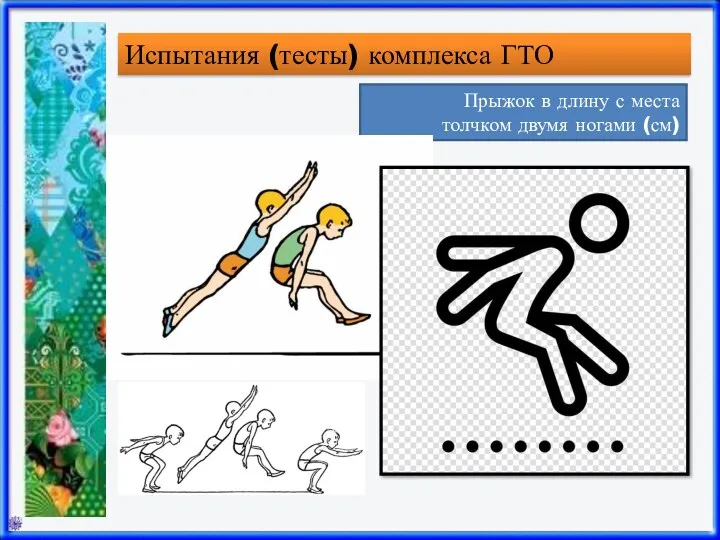 Испытания (тесты) комплекса ГТО Прыжок в длину с места толчком двумя ногами (см)