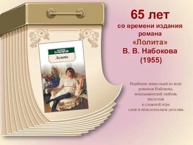 65 лет со времени издания романа «Лолита» В. В. Набокова (1955) Наиболее известный