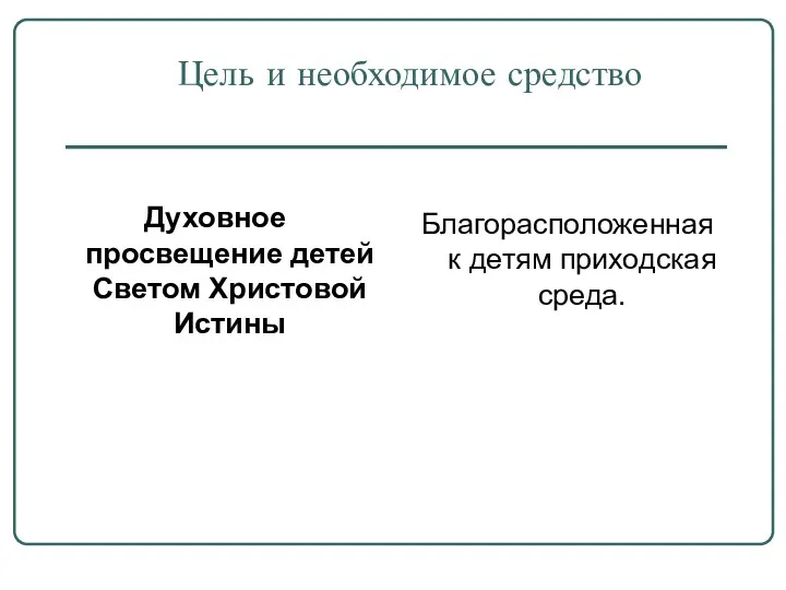 Цель и необходимое средство Духовное просвещение детей Светом Христовой Истины Благорасположенная к детям приходская среда.