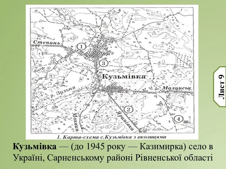 Кузьмівка — (до 1945 року — Казимирка) село в Україні, Сарненському районі Рівненської області Лист 9