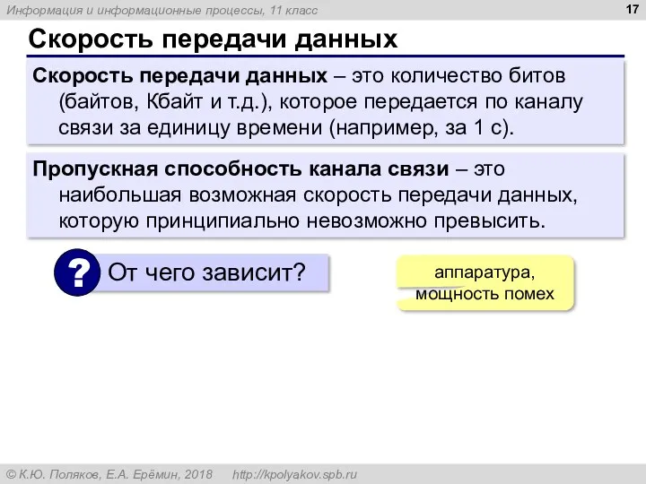 Скорость передачи данных Скорость передачи данных – это количество битов