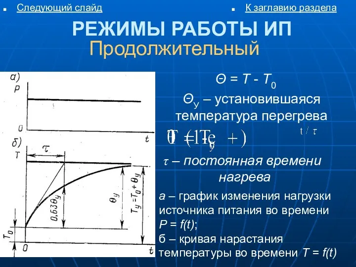 РЕЖИМЫ РАБОТЫ ИП Продолжительный Θ = T - T0 ΘУ