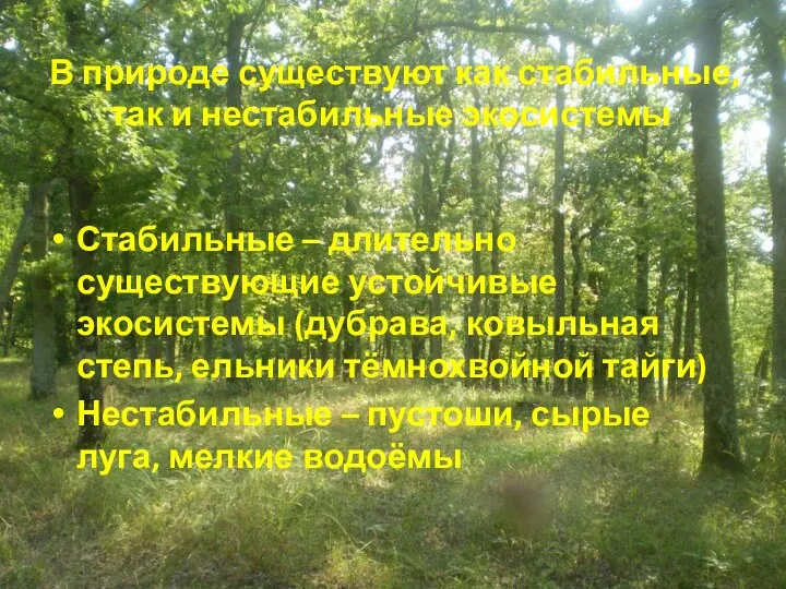 В природе существуют как стабильные, так и нестабильные экосистемы Стабильные