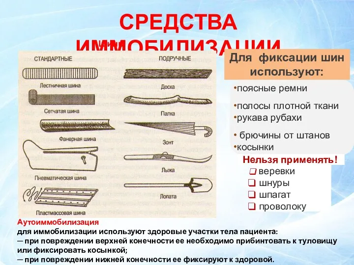 СРЕДСТВА ИММОБИЛИЗАЦИИ поясные ремни полосы плотной ткани рукава рубахи брючины