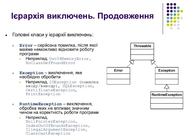 Ієрархія виключень. Продовження Головні класи у ієрархії виключень: Error –